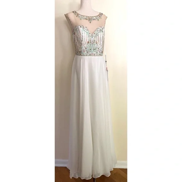 Alyce Paris | Dresses | Nwt Alyce Paris Beaded Evening Gown Prom White Dress  Embellished Illusion Sz 2 | Poshmark